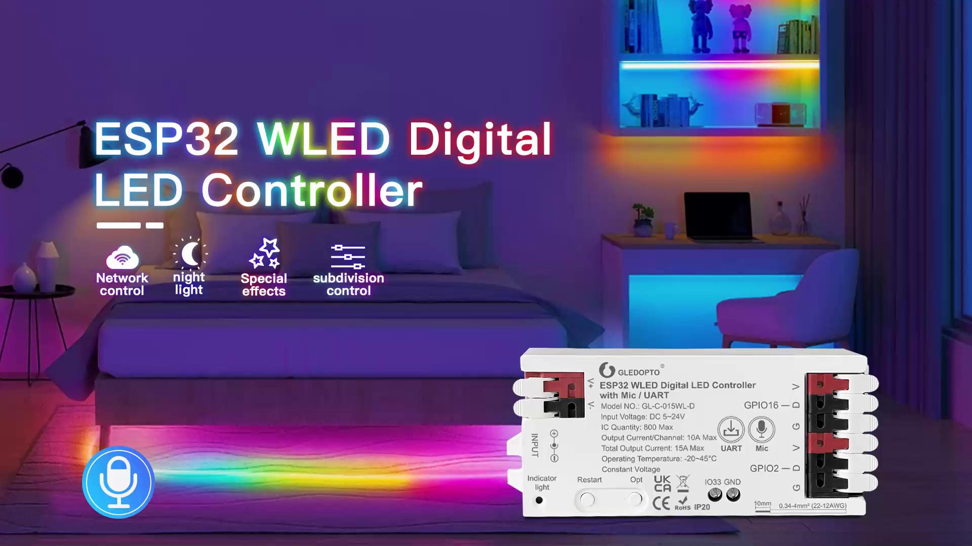(GL-C-015WL-D) ESP32 WLED Digital LED Controller with Mic / UART - Gledopto